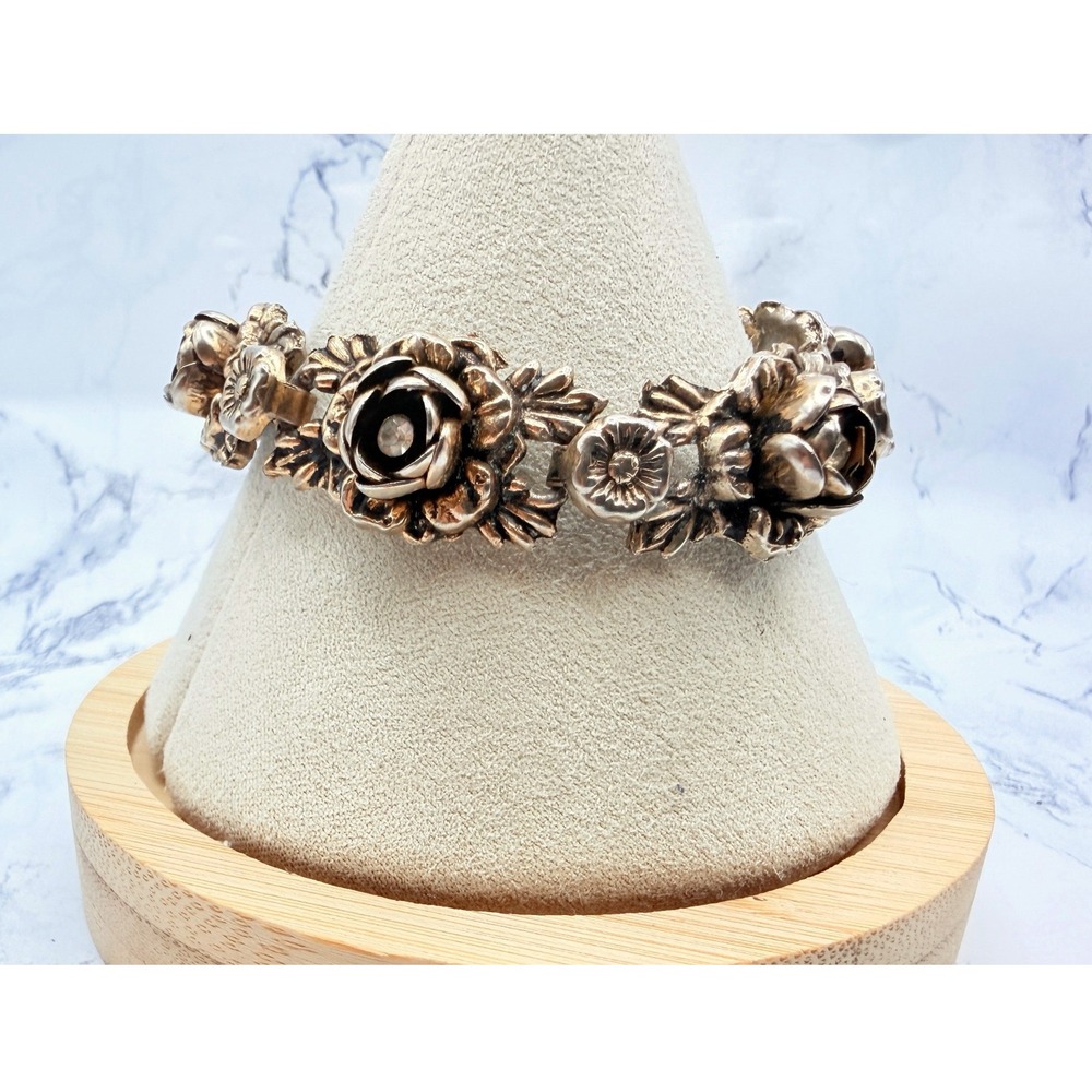 Gold Tone Dimensional Rose Flower Bracelet Clear Stones 7" Fold Over Clasp